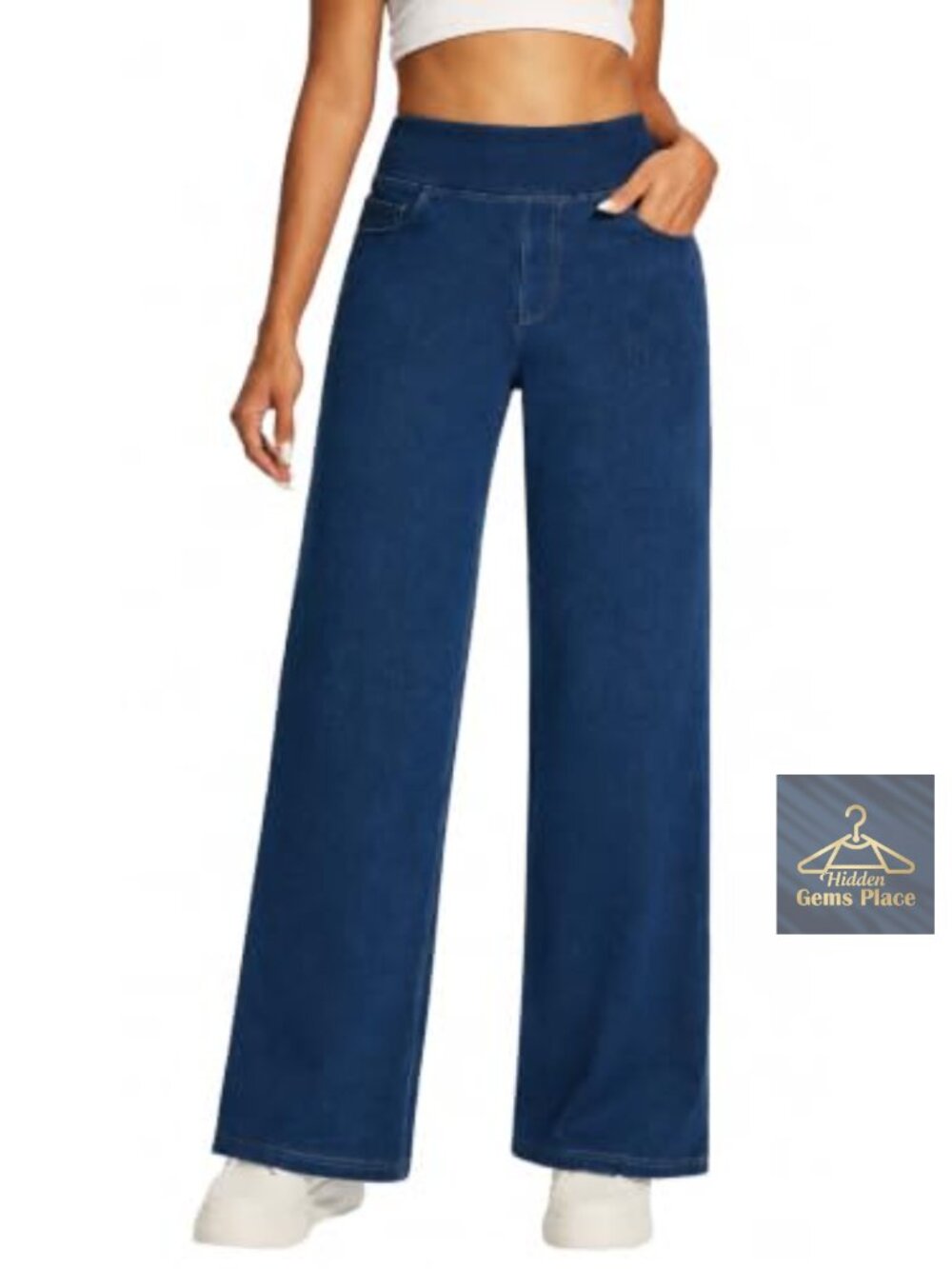 Wide Leg Pull On Jeans High Rise Stretch Denim 5 Pocket Office Wear